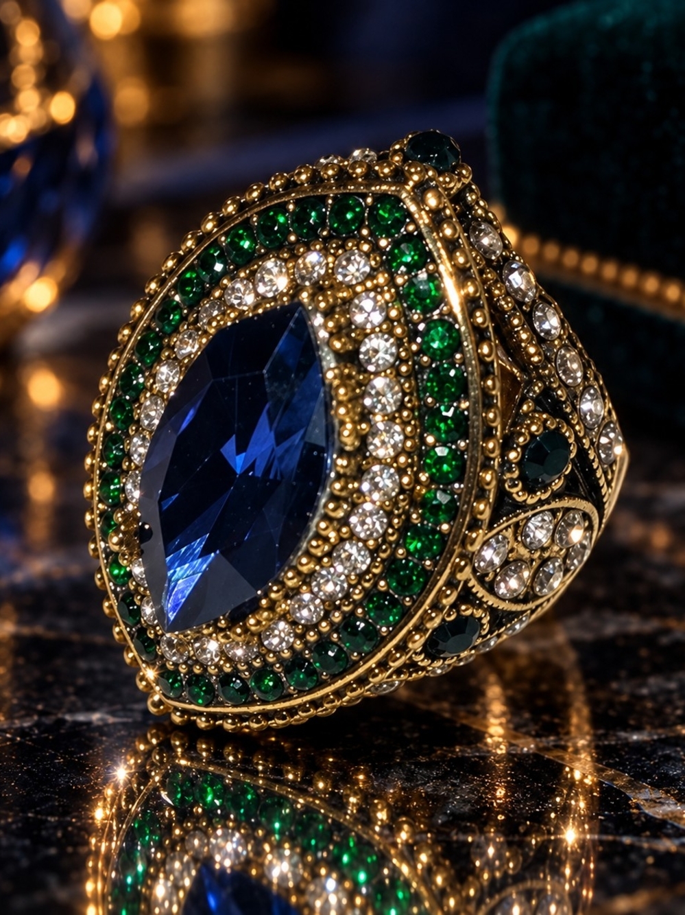Blue Green & Clear Crystal Statement Ring Gold Tone Size 8 - Picture 3 of 3